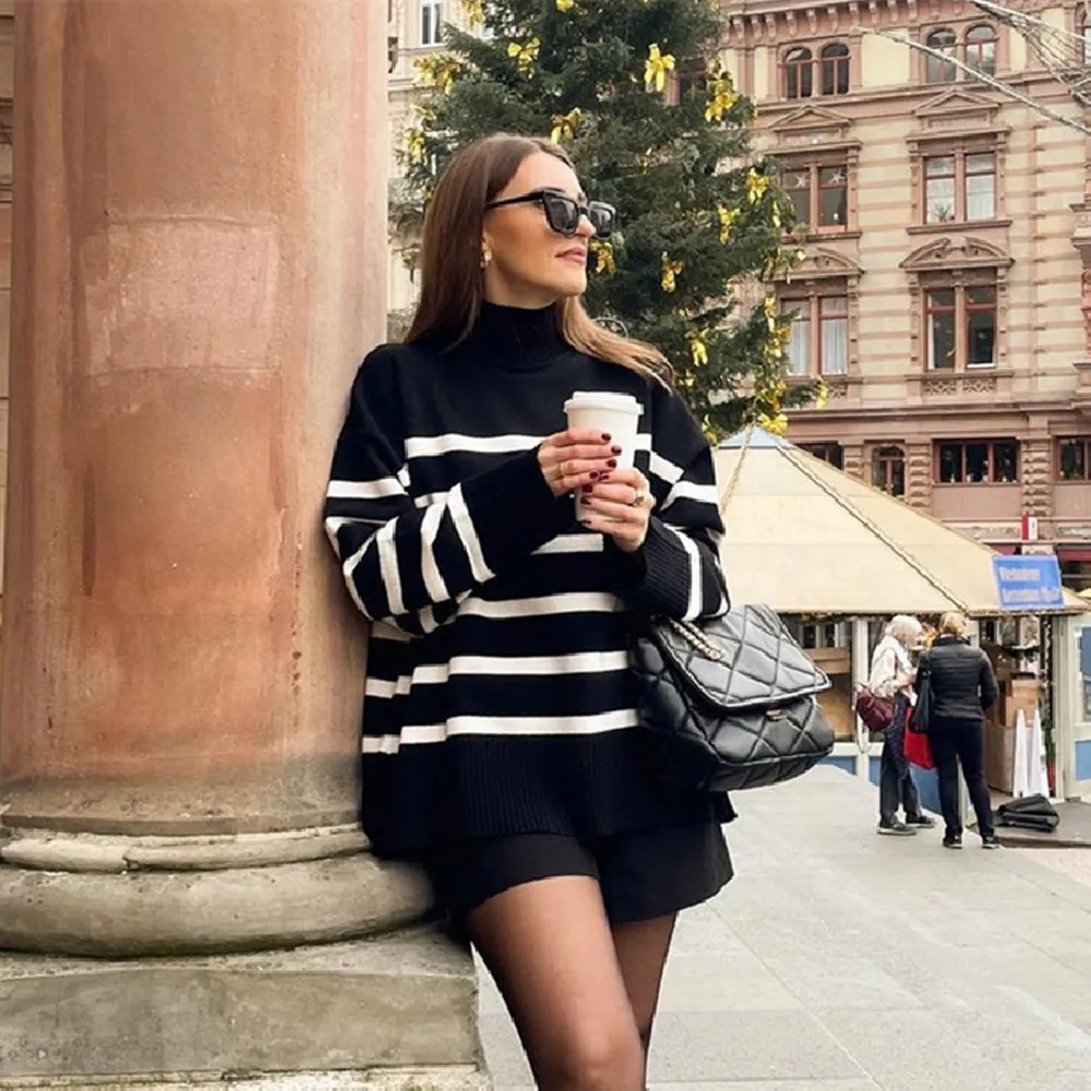 

PB&ZA 2022 Autumn and Winter New Women's Casual Commuter Half Turtleneck Long-sleeved Loose Striped Knitted Sweater 3519137