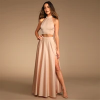 simple champagne long evening dresses satin two pieces halter side slit mermaid backless formal prom party gowns customze 2022