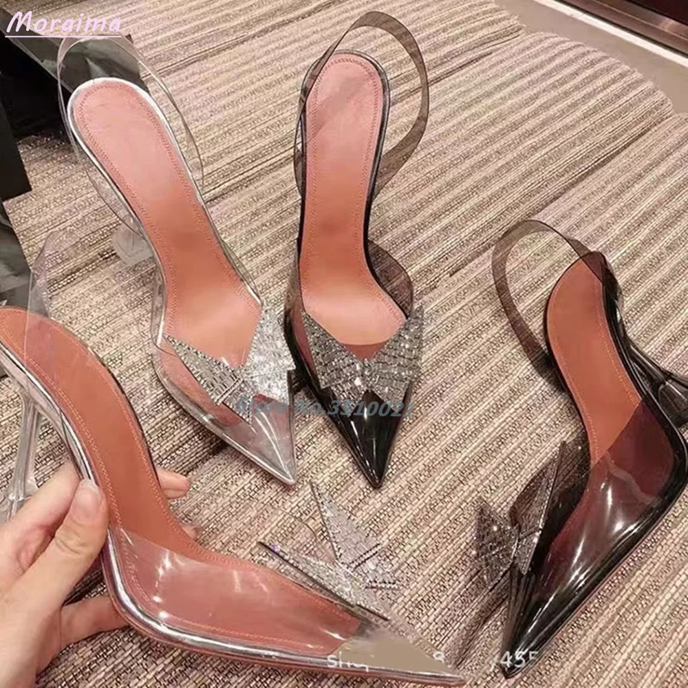

Clear PVC Crystal Bow Sandals Pointed Toe Shallow Back Strap Bling Transparent Wine Glass Heel Solid Sexy Women Shoes Summer