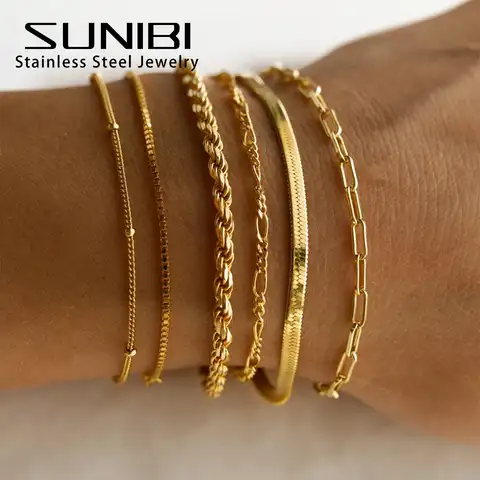 Sunibi, classic chain bracelets with snake weaving for women, trendy gilded stainless steel bracelets, Cuban brace ...