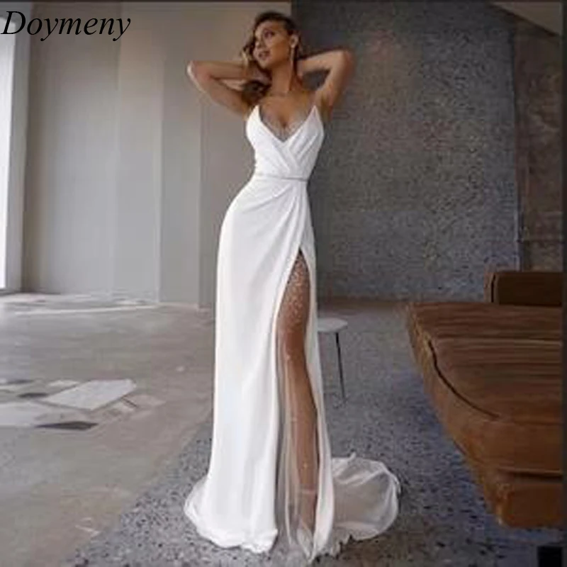 

Doymeny Wedding Dress V-Neck Zipper Sleeveless Soft Satin Beading Belt Sequined Classical Style Backless A-Line Robe De Mariée