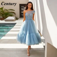 century simple blue tulle midi prom dresses one shoulder tea length a line wedding party dresses open back graduation dresses