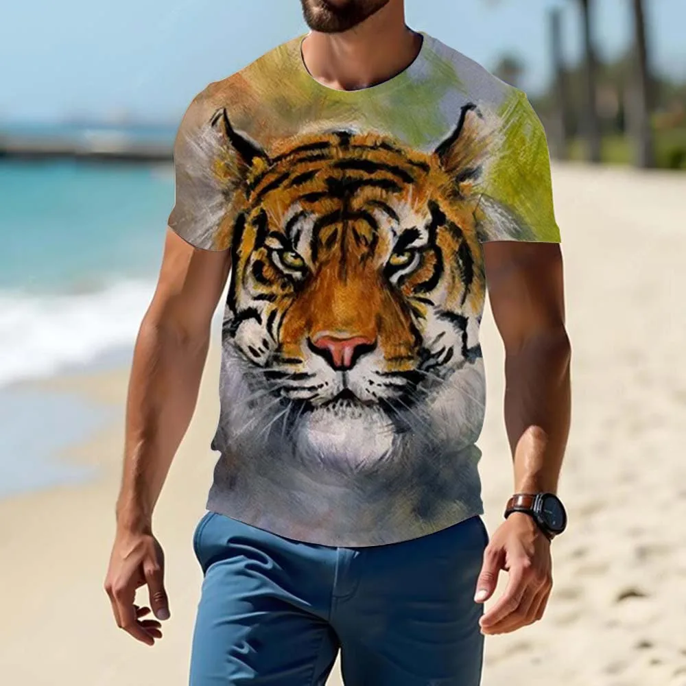 Летняя мужская модная футболка короткий рукав из 100% полиэстера 3d-принт Тигр