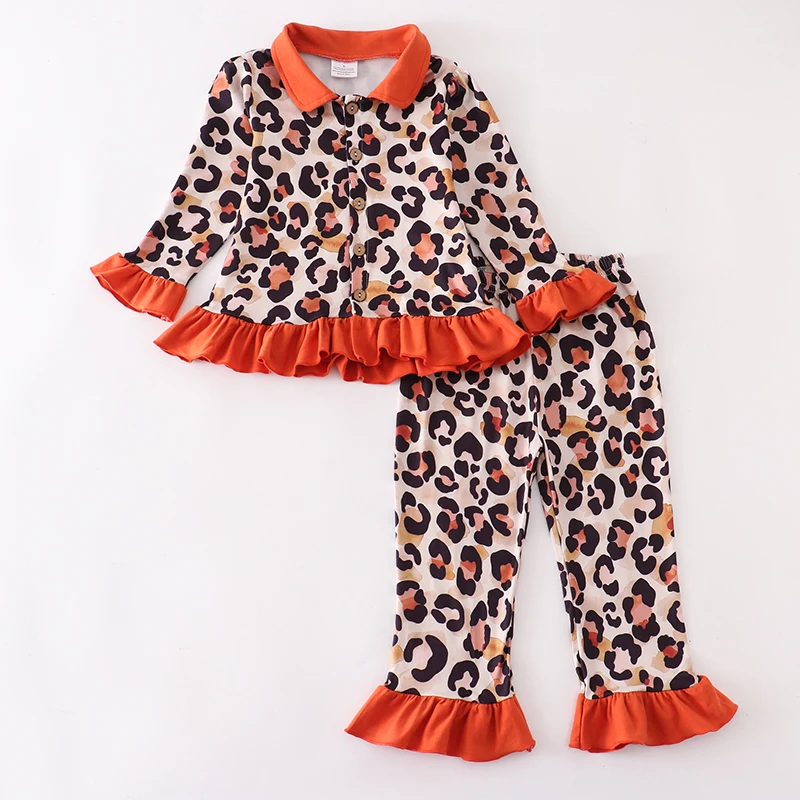 

Girlymax Pajamas Fall Baby Girls Orange Leopard Pants Ruffles Loungewear Set Kids Clothing