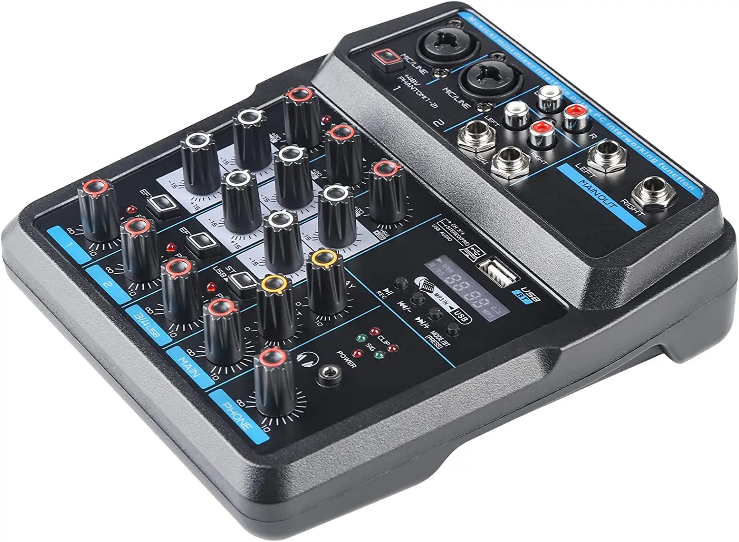 

Mini Audio Mixer Soundboard Console System Interface 4 Channel Mixer USB Bluetooth MP3 Computer Input 48V Phantom Power DJ Studi