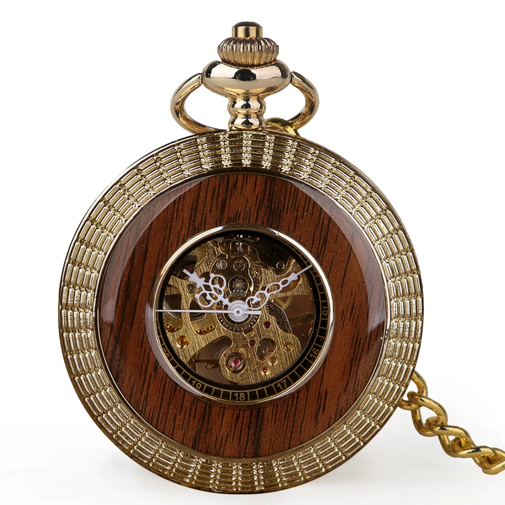 Unique Wood Circel Gear Dial Gold Antique Mechanical Pocket Watch Men Vintage Engraved Fob Hand Wind Steampunk Watch Women