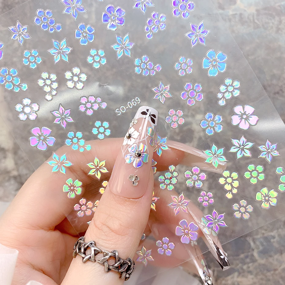 

Голографические Цветочные наклейки для дизайна ногтей, 3D лазерный рефрактор, цветы с блестками татуировки, самоклеящиеся Слайдеры для ногт...