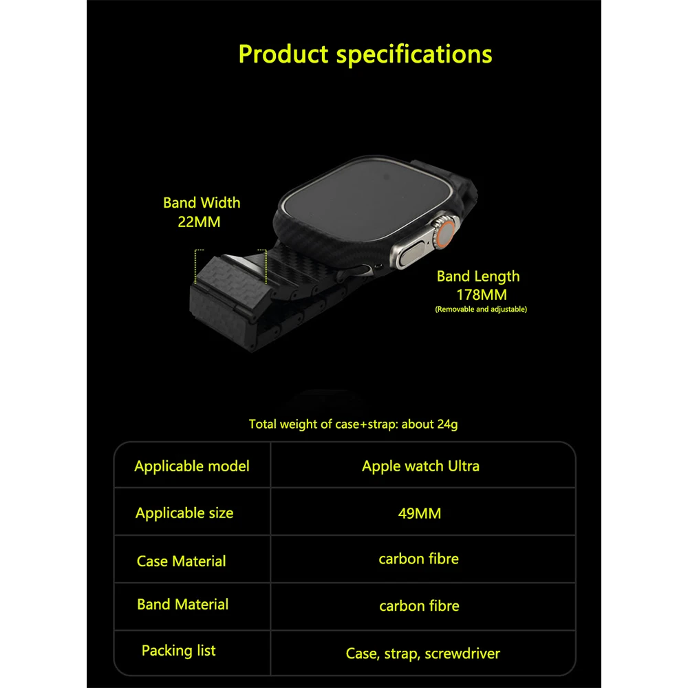 100% Carbon Fiber For Apple Watch Ultra Modified 49mm Luxury Detachable Adjustable Comfortable Case+Strap Package