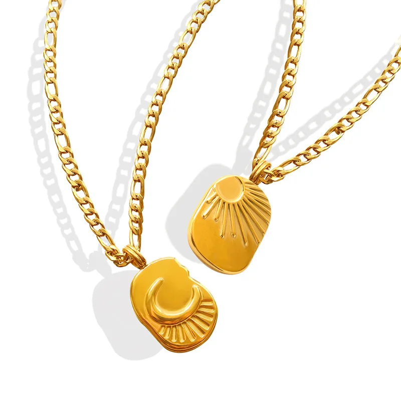 

Retro moon sun oval square pendant necklace 18K gold chain for women for men