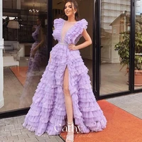 cathy pink lavender ruffle dresses sexy high slit evening dress lace skirt homecoming prom dress custom vestidos de fiesta