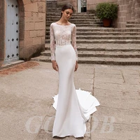 gogob elegant mermaid wedding dresses r074 lace scoop collar long sleeves buttons backless stain bride gowns sweep train