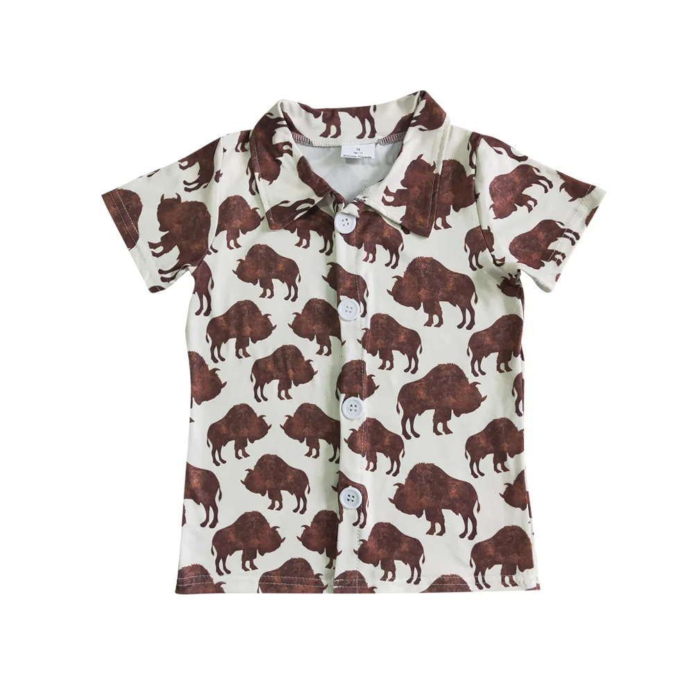 

RTS Summer Boy Clothing Heifer Button Boutique Outfits Short Sleeves Baby Boy Shirt Top Children Wear