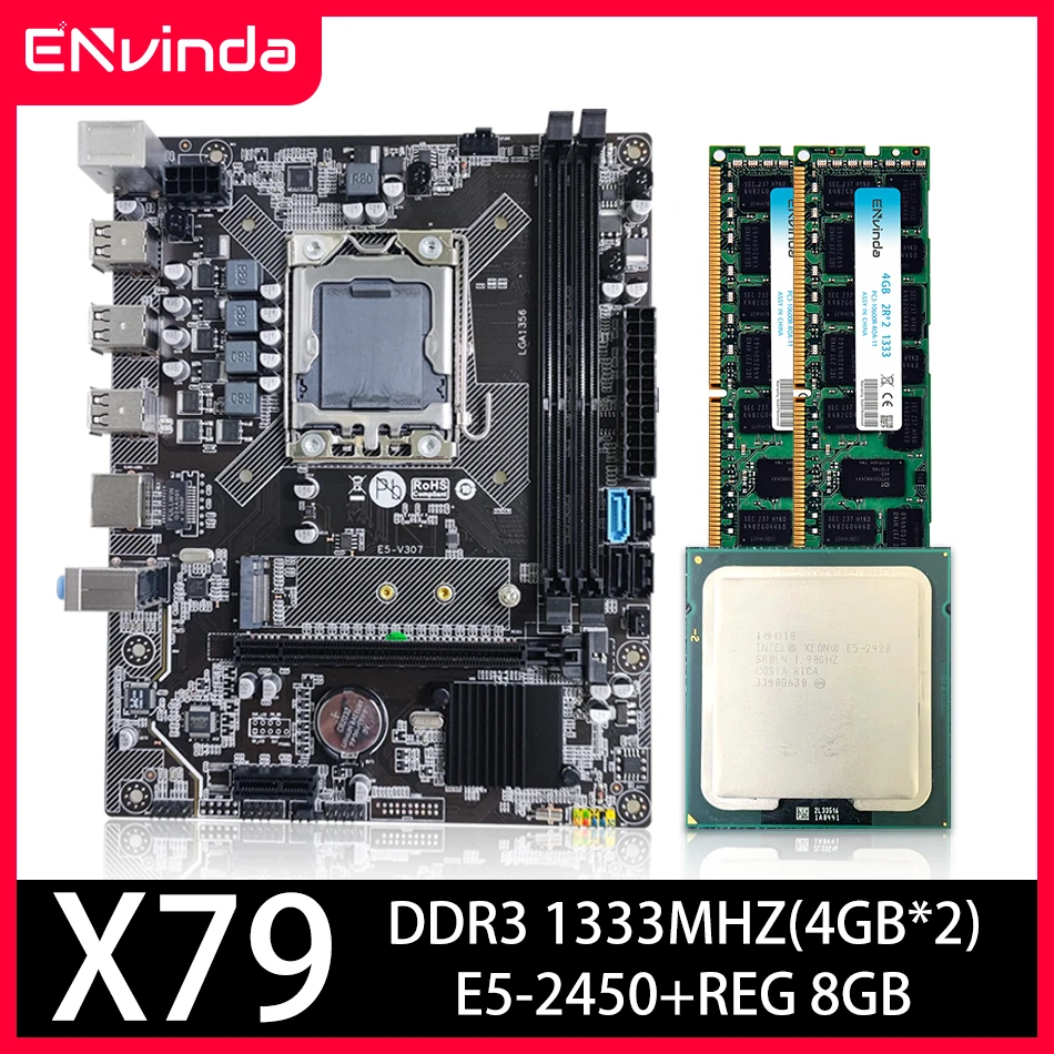 

ENVINDA X79 LGA 1356 Motherboard Set Combo Xeon E5 2450 CPU 8cores 8GB RAM DDR3 1333mhz 10600 Momory M.2 NVME ECC REG PC3 Kit