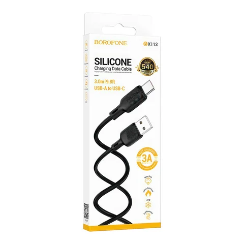USB кабель BOROFONE BX113 Lenny Type-C, 3А, 3м, силикон (черный)