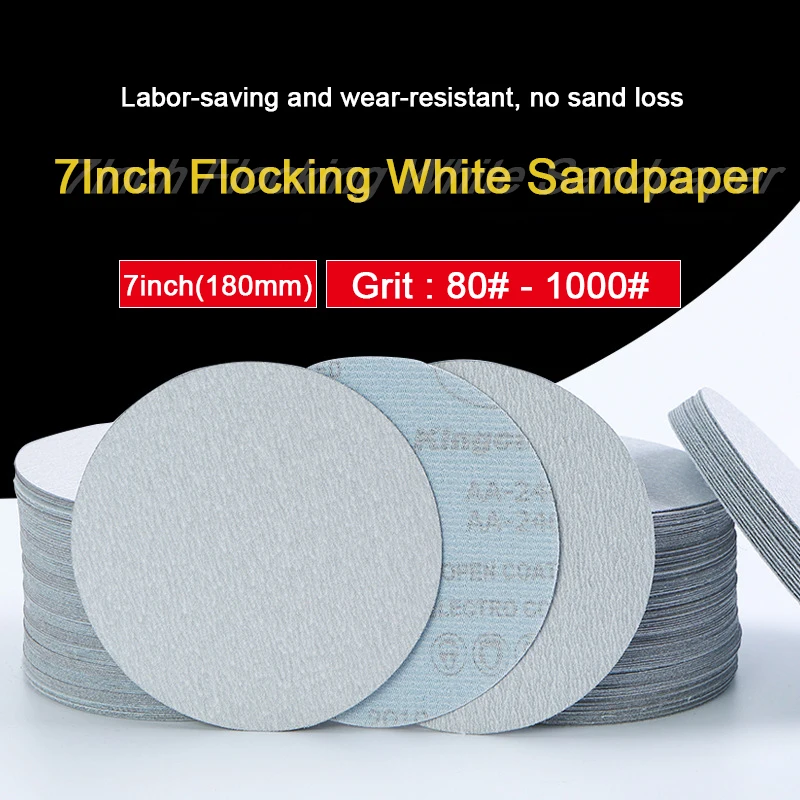 

2Pcs 7Inch 180mm White Dry Grinding Flocking Hook&Loop Sandpaper 80-1000# Metal Wood Stone Paint Plastic Jade Grinding Polishing