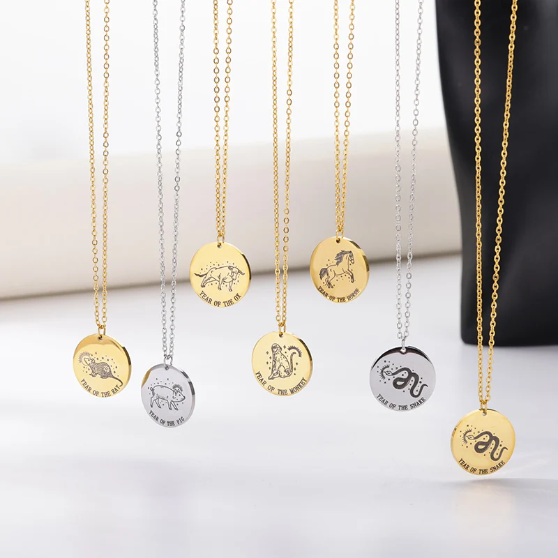 

Vintage Zodiac Sign Necklace For Women Stainless Steel Plated Zodiac Round Coin Necklace 2022 Fashion Birthday Jewelry Gift