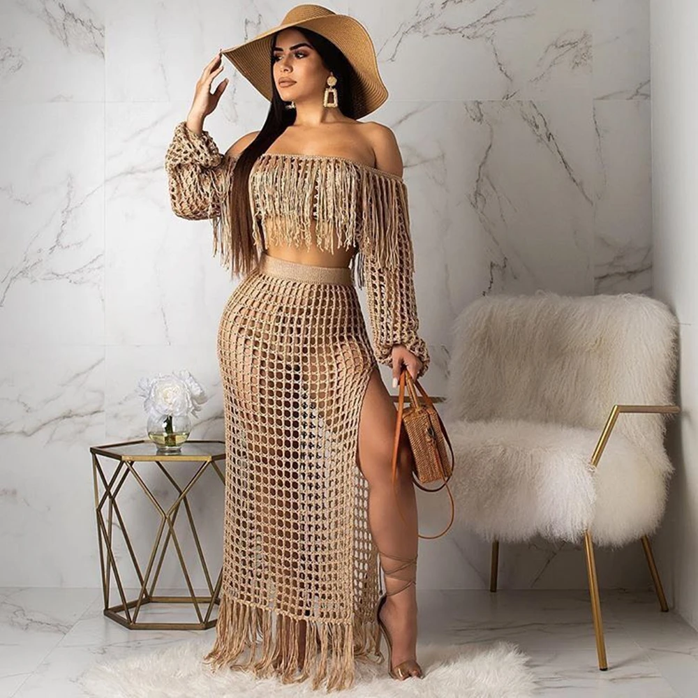

Hollow Out Sexy One Word Shoulder Two Piece Set Tassel Long Sleeve Top+Split Long Skirt Beach Summer 2 Piece Sets Womens Outfits