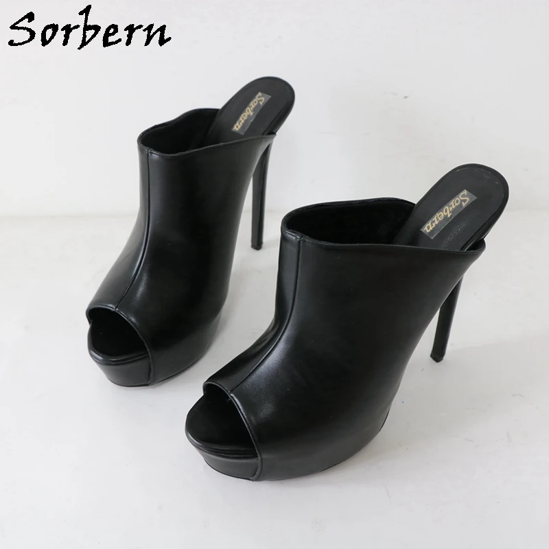 Sorbern Black Matt Women Slipper Open Toe Stilettos High Heel Platform Shoes Slip On Outdoor Unisex Summer Shoe 16Cm Heeled