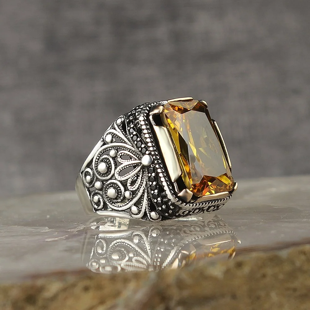 925 Sterling silver ring for men citrine jewelry fashion Vintage gift onyx Agate Male ring all sizes