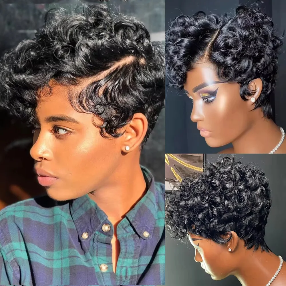 Pixie Cut Finger Wave Короткие парики Боб для чернокожих женщин Человеческие волосы Ocean