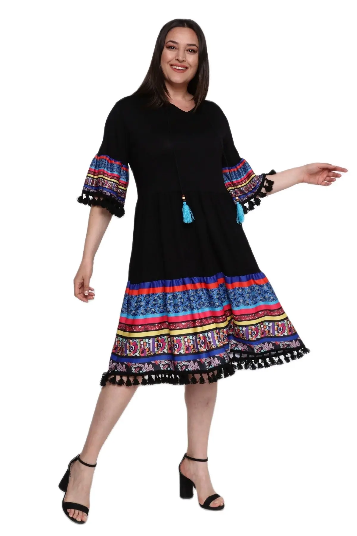 Women’s Plus Size Dress Colorful Patchwork And Tassel Detail, Designed and Made in Turkey, New Arrival