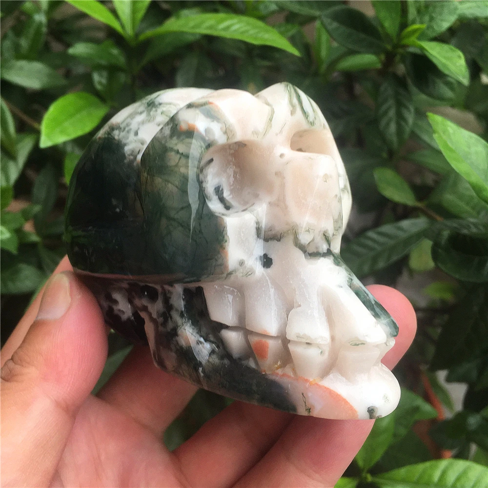 Natural Green Moss Agate Druzy Stone Quartz Crystal Cranium Healing Gemstones Witchcraft Home Decoration Modern Wicca Skull