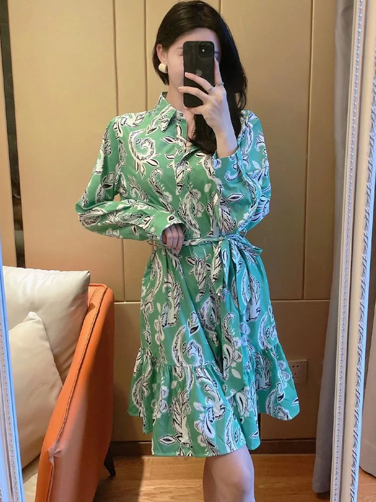 

Zach AiIsa summer new women's sweet and fresh lapel long-sleeved lace-up ruffled print holiday style drape shirt dress
