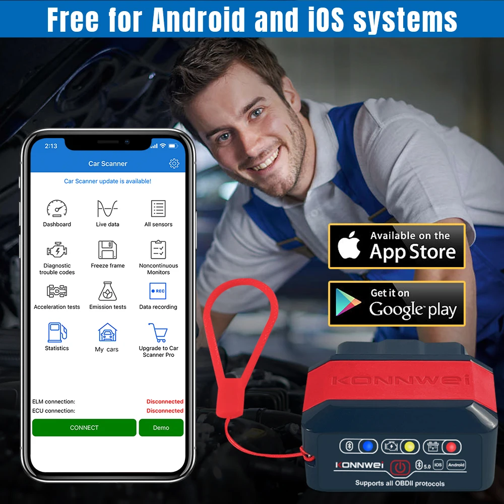 Фото KONNWEI KW905 ELM327 V1.5 OBD2 диагностический инструмент Bluetooth 5,0 для Android/IOS ELM 327 OBD 2 автомобильные сканеры считыватель кодов ﻿ №5