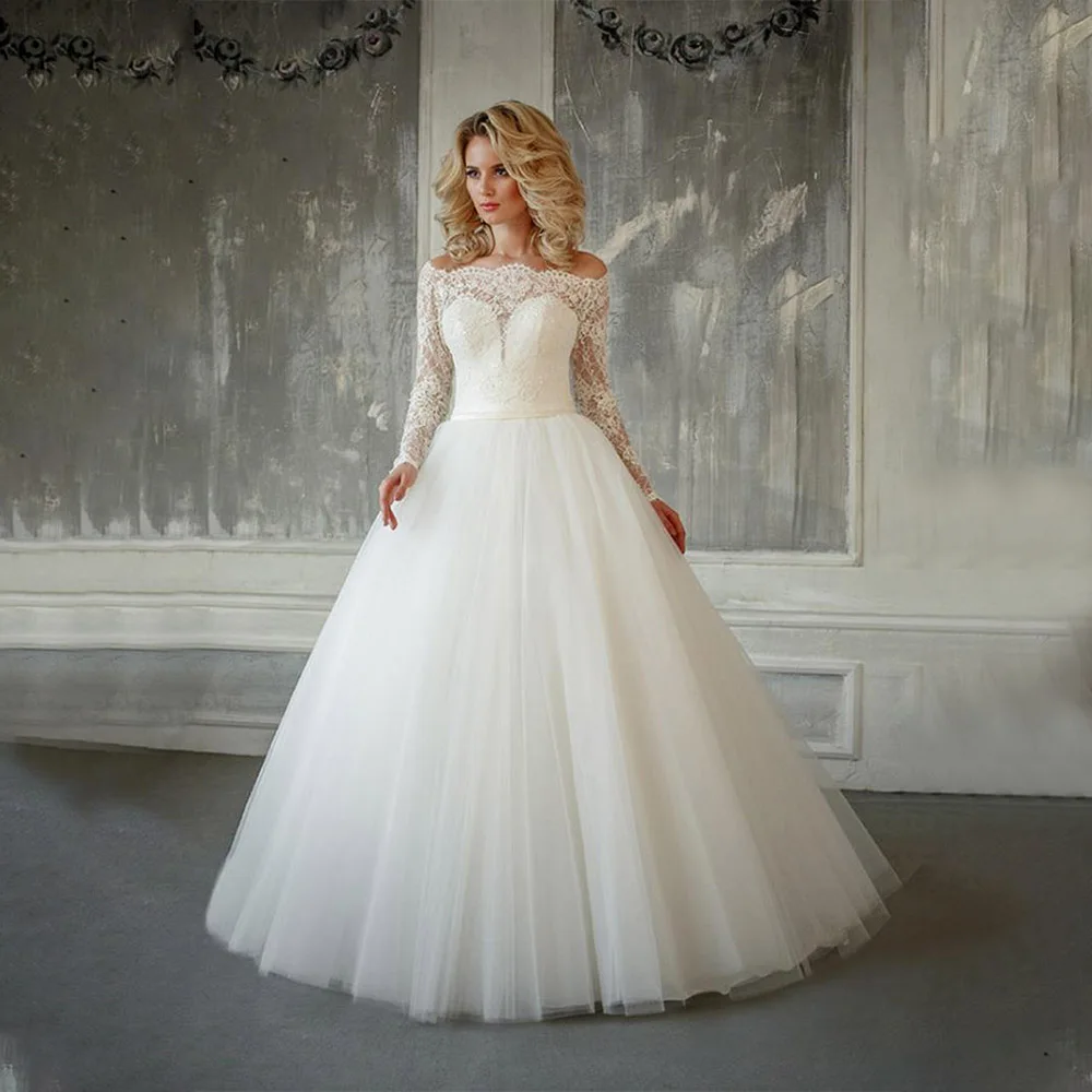 

Simple Lace Appliquéd Beaded Tulle Long Sleeve Sweetheart Corset Sheer Sexy Backless Bubble Wedding Dress Vestidos De Novia