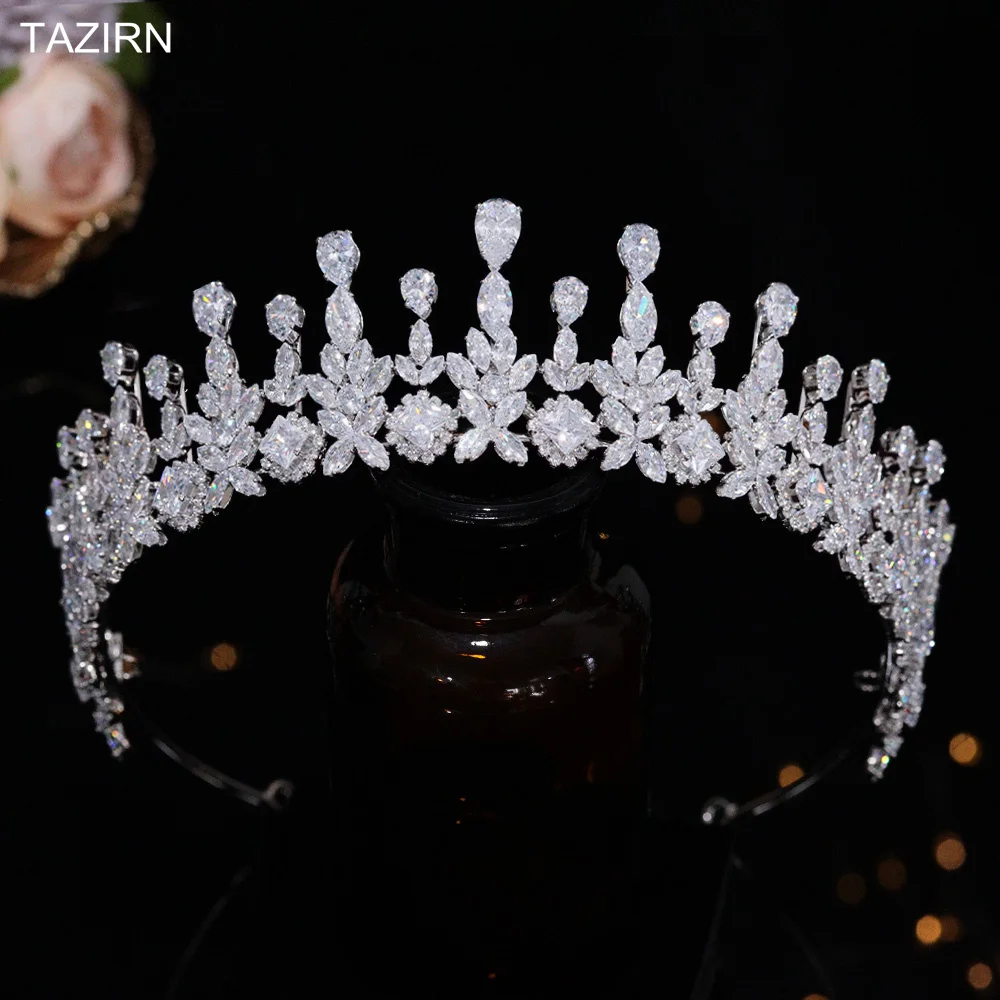 

TAZIRN New 5A Cubic Zirconia Princess Bride Wedding Crowns Handmade CZ Bridal Tiaras Arabic Western Prom Party Hair Accessories