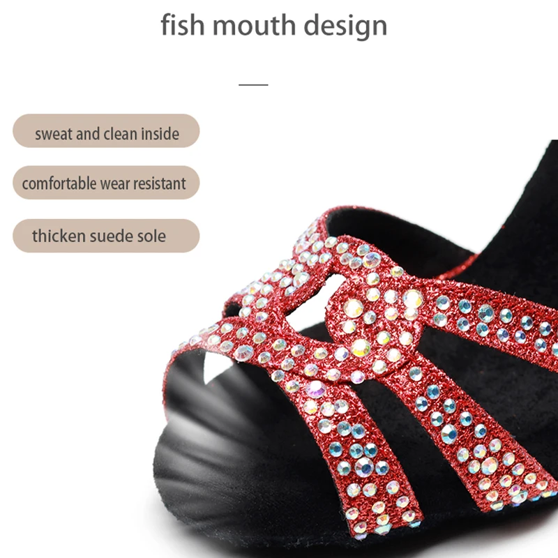 Woman Glitter Cloth Latin Ballroom Dance Shoes Red Suede Leather Performace Latino Salsa Shoes Flare Heel 3 Inch Heel