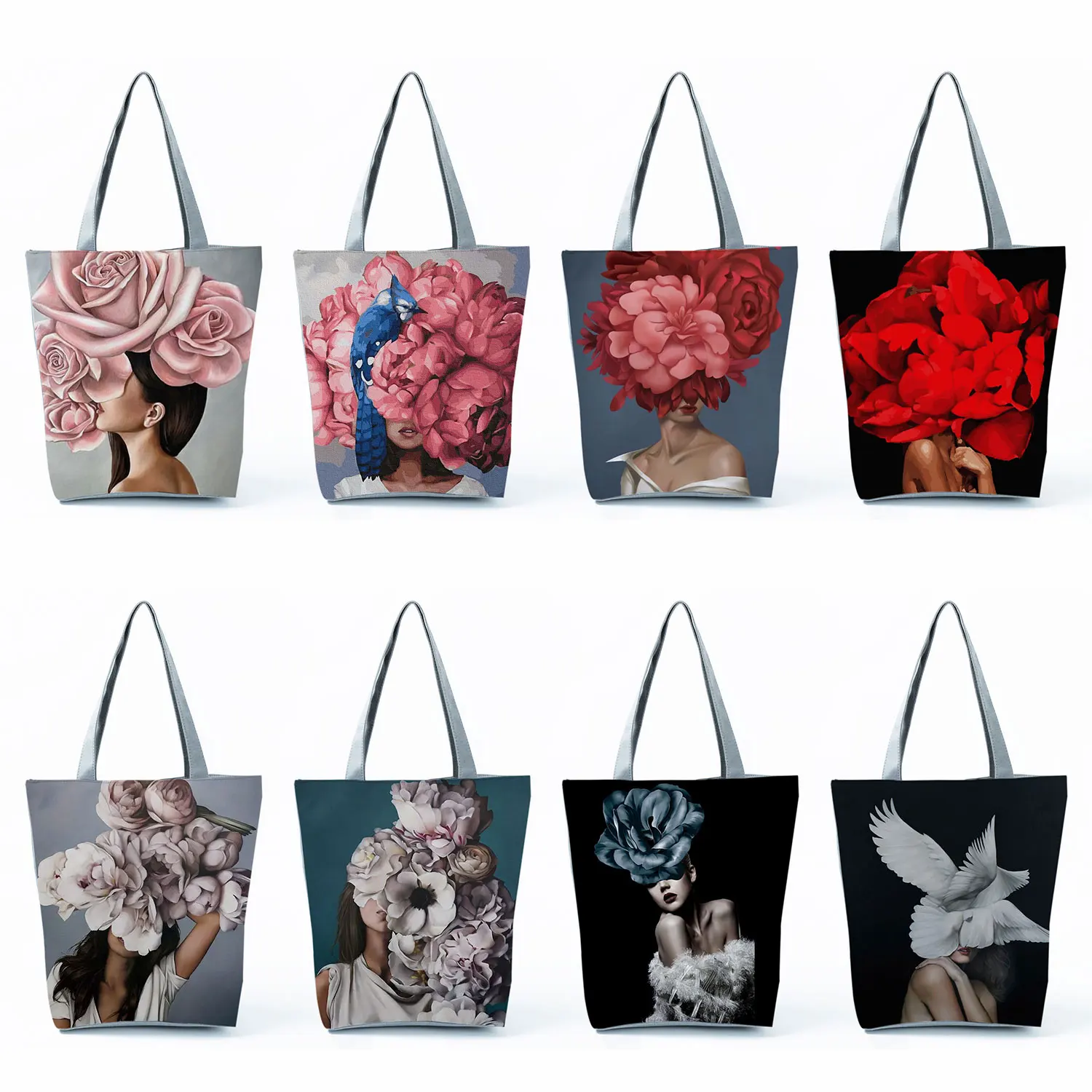 

Shopping Bag Floral Feathers Woman Abstract Painting Reusable Art Print Picture Shoulder Bag Women's Handbags Tote Travel Casual