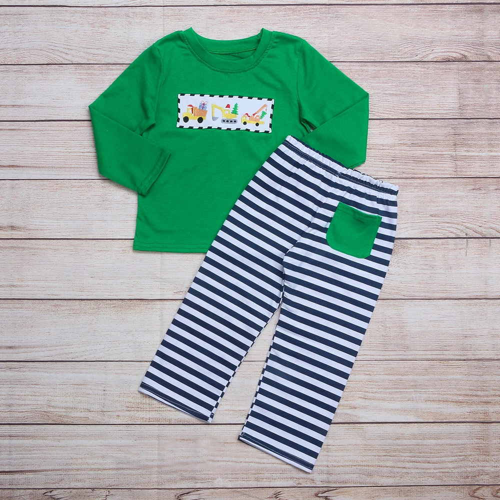 New Style Outfits Baby Boy Clothes Set Bebes Items Christmas Gift Tree Embroidery Bodysuit Stripe Pants Suit For 1-8T Babi Boys