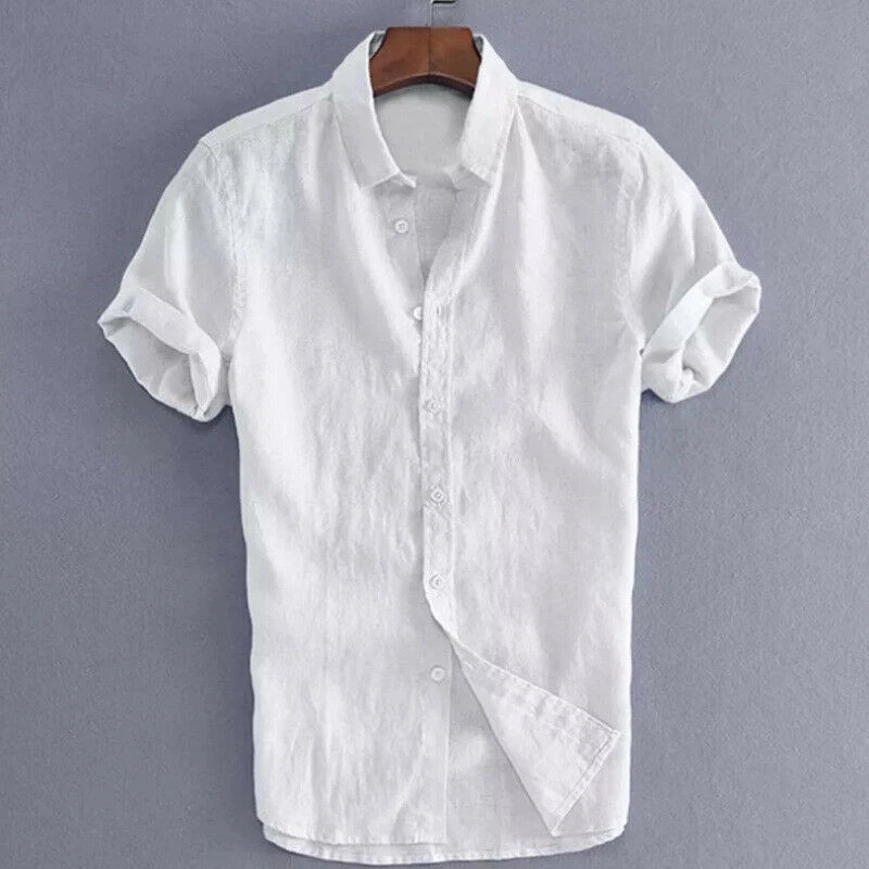 

Lino de camisas de manga corta para hombre, camisas lisas informales sueltas con cuello vuelto, blusa transpirable, camisa mascu