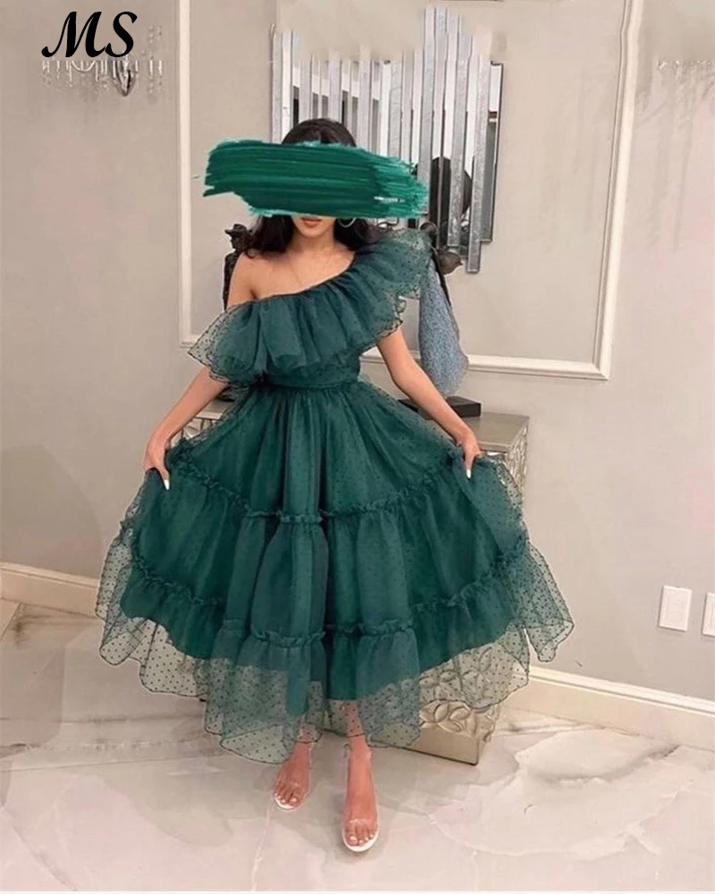 

MS A Line Doted Tulle Evening Dresses One Shoulder Tea Length Ruffled For Birthday Party Short Formal Prom Gowns For Women 2022