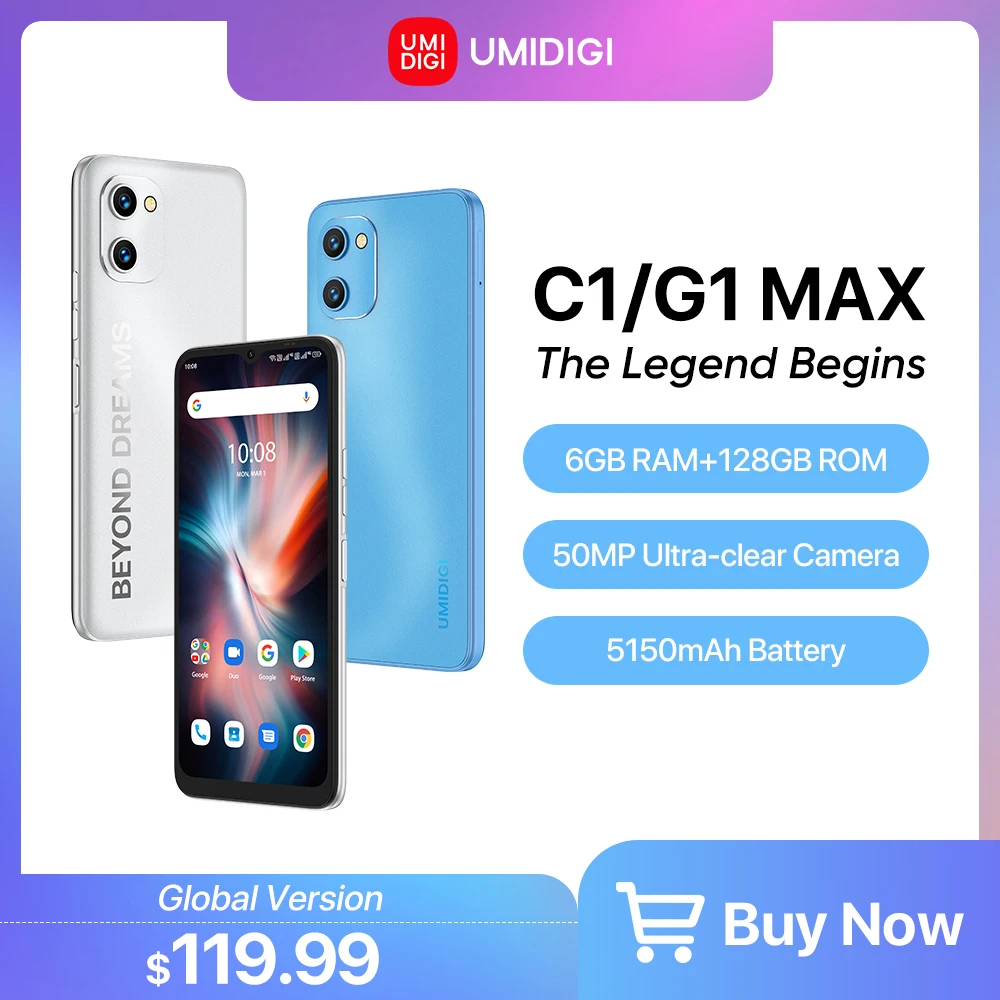 UMIDIGI C1&G1 Max Smartphone, Unisoc T610 Octa-Core, 6GB+128GB, 50MP Camera, 5150mAh Battery, Dual SIM Cellphone