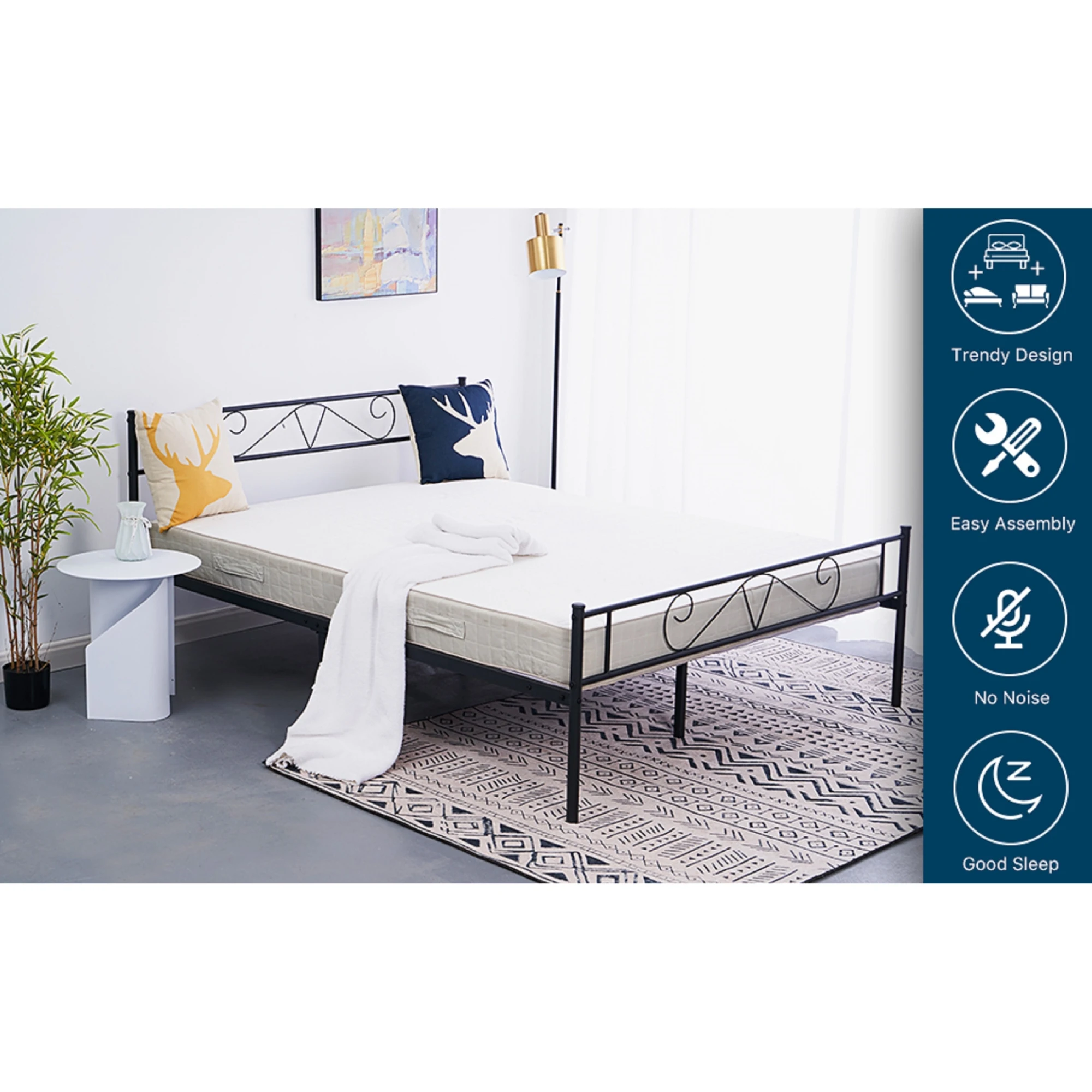 Modern Headboard&footboard Premium Stable Steel Slat Support Mattress Foundation[us-w]