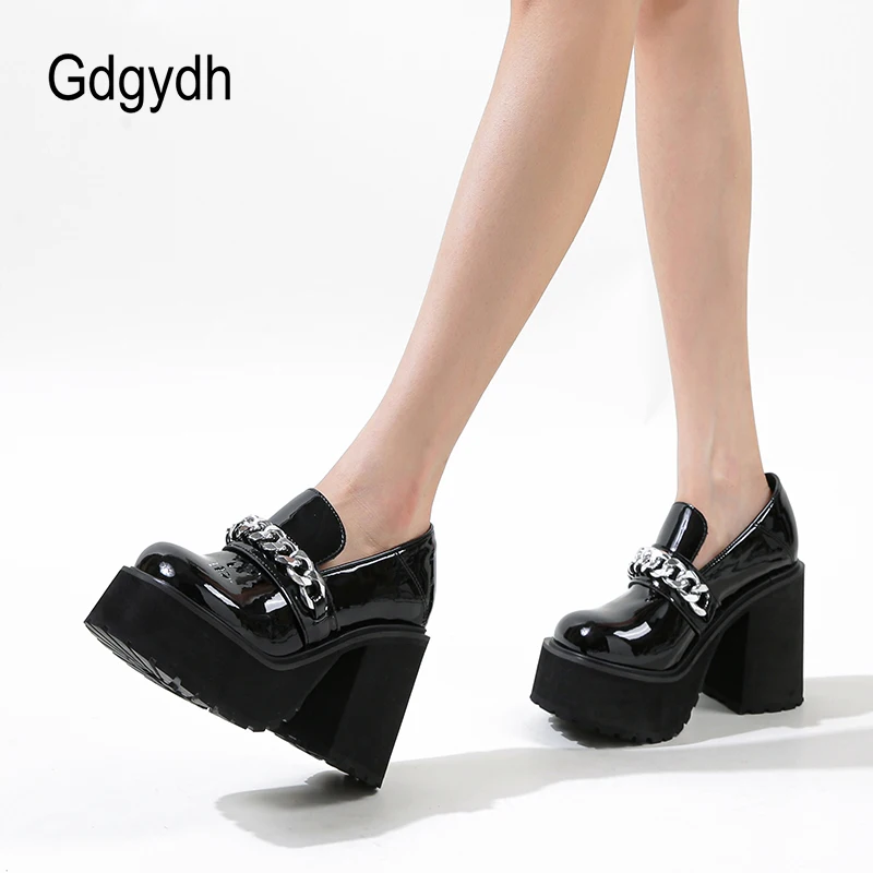 Gdgydh Platform Heels Womens Loafer Leather Slip-ons Round Toe Chunky Loafer Shoes Penny Casual Fashion Shoes with Chain