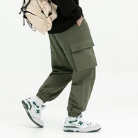 japanese harajuku streetwear hip hop black khaki army green multi big pockets drawstring elastic ankle cargo pants for men