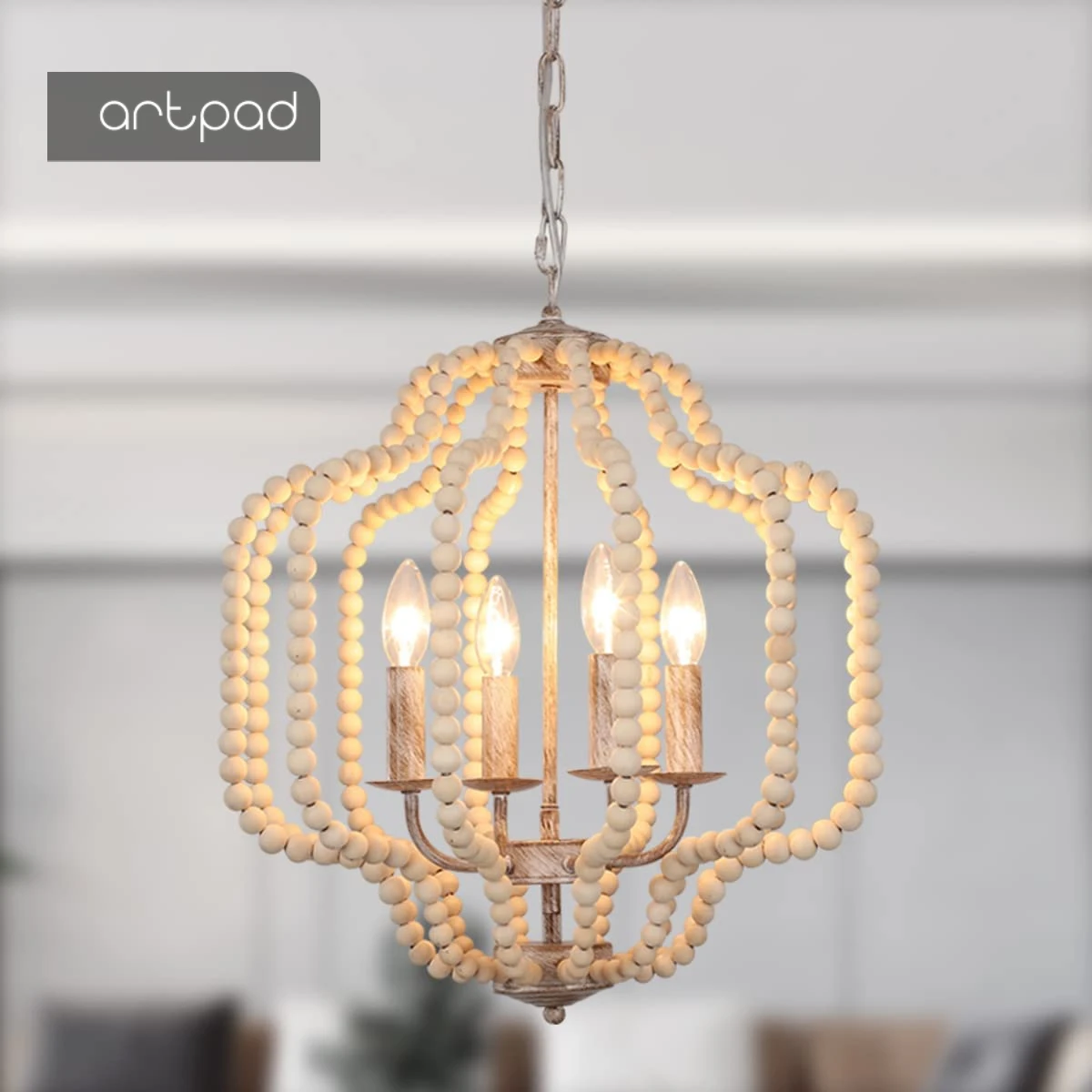 

Modern Chandelier Light Fixture 4 Lights Wood Beaded Boho Pedant Lighting Vintage Farmhouse for Dining Room Kitchen Bedroom