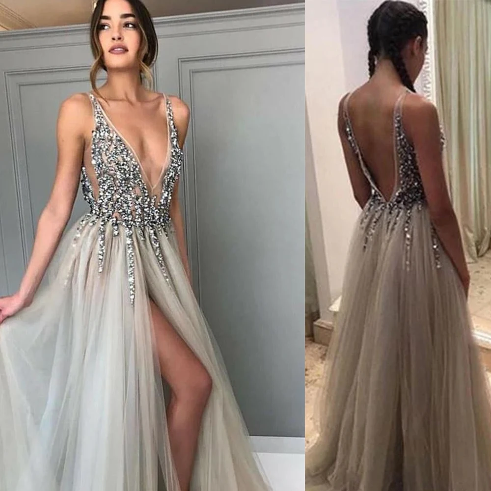 

Tulle Birthday Dresses Deep V Neck Backless Split Fancy Gowns For Lady Sweep Train Grey Prom Dress Beading Sleeveless Party Wear