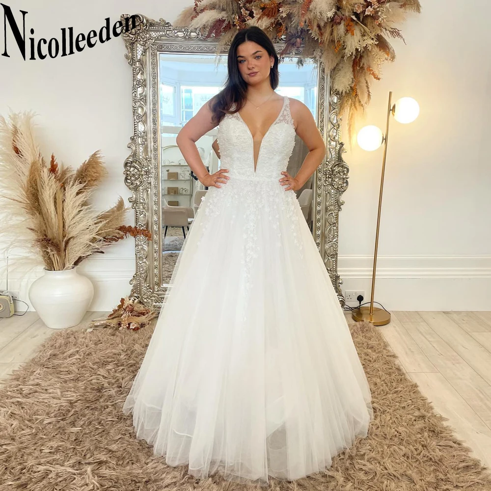 

Nicolle A Line Tank Wedding Gown For Women 2023 Bride Deep V Neck Appliques Floor Length Sleeveless Backless Robe De Mariée