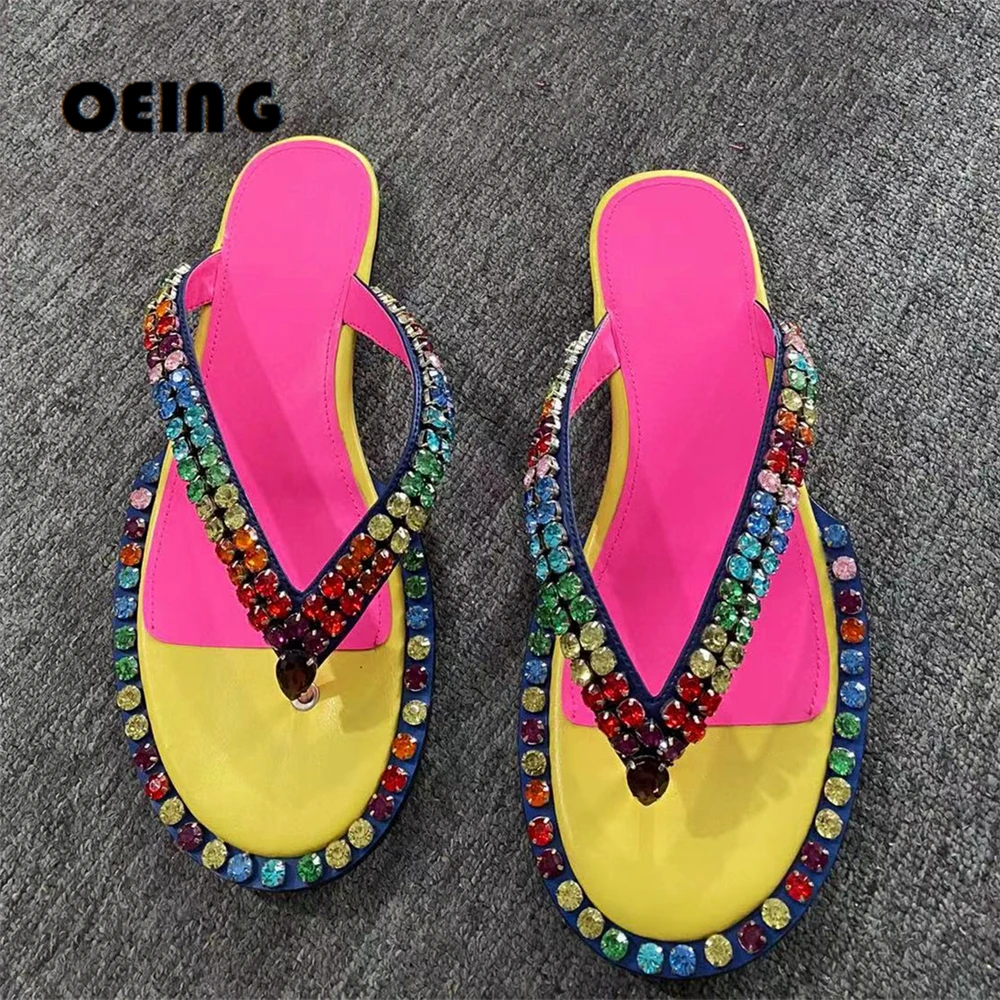 

Женские шлепанцы с разноцветными кристаллами, Летние Пляжные Шлепанцы из мягкой кожи с ремешком на щиколотке и клипсой, 2022