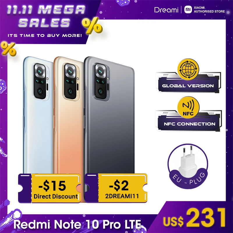 Cena Wersja Globalna Xiaomi Redmi Note 10 Pro 6GB / 8GB 128GB NFC 4G LTE (nowe I Uszczelnione) Snapdragon 732G Smartphone Telefon Komórkowy