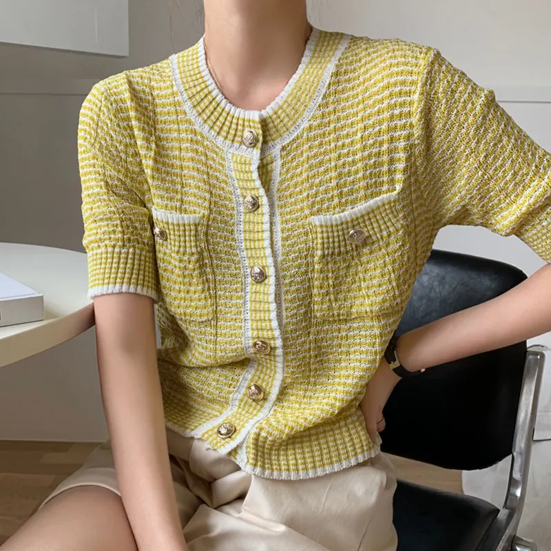 Новинка весенне-летняя женская тонкая кареган с круглым вырезом и короткими