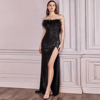 sparkle black long evening dresses feather sequin side slit mermaid backless floor length formal prom party gowns customize