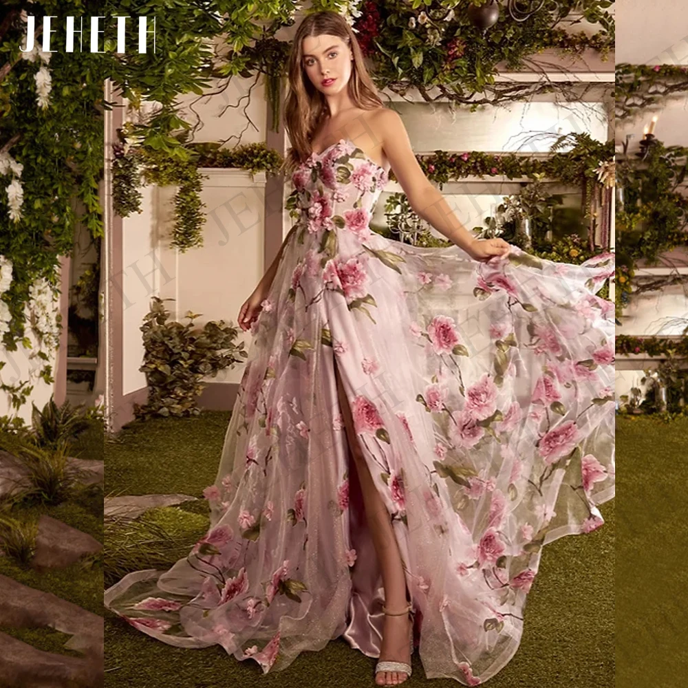 Jeheth Prom Dresses For Women 2023 Pink Floral Print Split Party Elegante Senza Spalline A Line Abito Da Sera Fairy Muslimatextial Abiti Da Ballo Per 