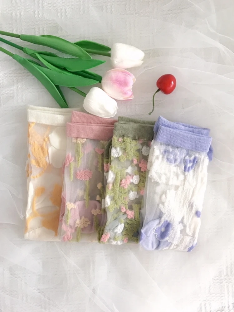 LISCN 2023 New Women Socks Spring Floral Colorful Thin Breathable Stocking For Girls Eledant French Accessories Crew Socks