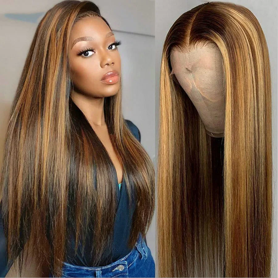 Long Straight Synthetic Mid Point Wig Mixed Dark Brown And Blonde Two Color Wigs Suitable For BlackWhite Women Daily Cosplay