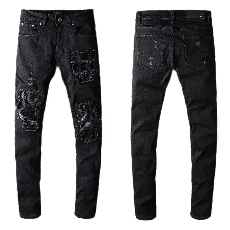 

New Quality Men's Black Distressed Pants Regular Blank Streetwear Fashion Slim Fit Damaged Holes Skinny Stretch Ripped Jeans